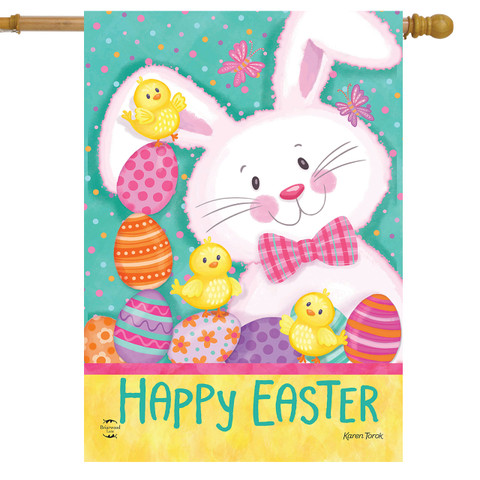 Easter Time House Flag with colorful bunny, chicks, eggs, and Happy Easter text on vibrant background.