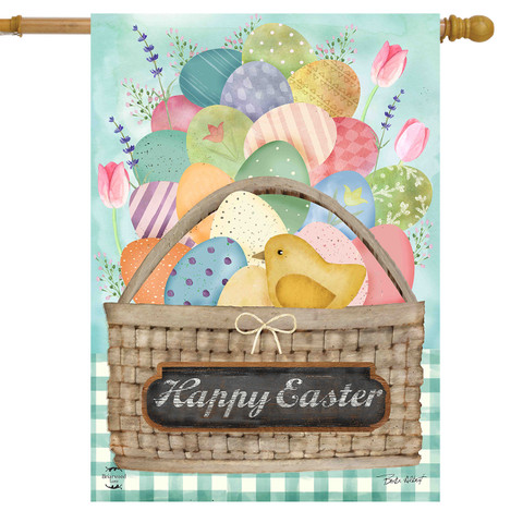 Colorful Easter Basket House Flag with eggs, chick, and Happy Easter sign on wicker basket.