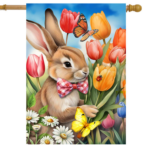 Stop and Smell the Tulips House Flag with bunny, tulips, butterflies, and daisies design.