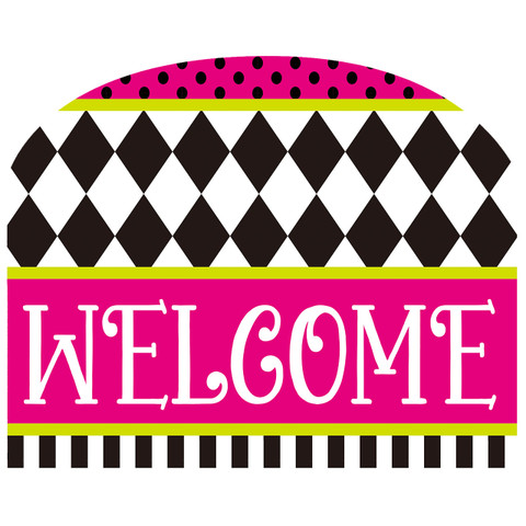 Neon pink and black checkerboard welcome sign with white text and yellow accents, acrylic art decoration.