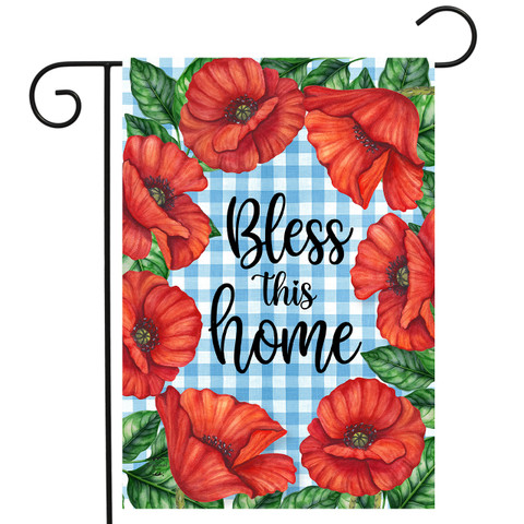 Bless This Home garden flag with red poppies on blue gingham background and green leaves.