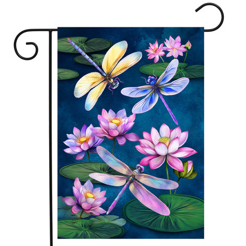 Dragonflies and Water Lilies Garden Flag with colorful dragonflies and pink lotus flowers on green lily pads.