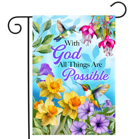 All Things Are Possible Garden Flag with colorful flowers, hummingbirds, and inspirational quote on blue background.