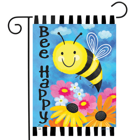Bee Happy Bumblebee Garden Flag with colorful flowers and smiling bee on blue background with stripes.