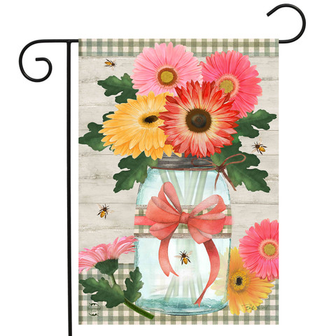 Daisies and Bees Jar Garden Flag with pink and yellow flowers in a mason jar.