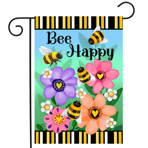 Busy Bees Garden Flag with colorful flowers, bees, and "Bee Happy" text on vibrant background.
