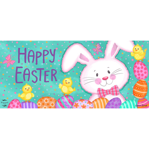Easter Time Mini Mat with colorful bunny, chicks, and eggs on teal background with polka dots.