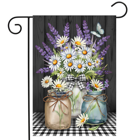 Lavender and daisies checkered garden flag with mason jars and flowers on a black background.