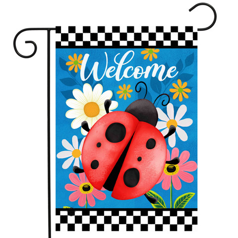 Ladybug Welcome Garden Flag with colorful flowers and checkered border on a blue background.