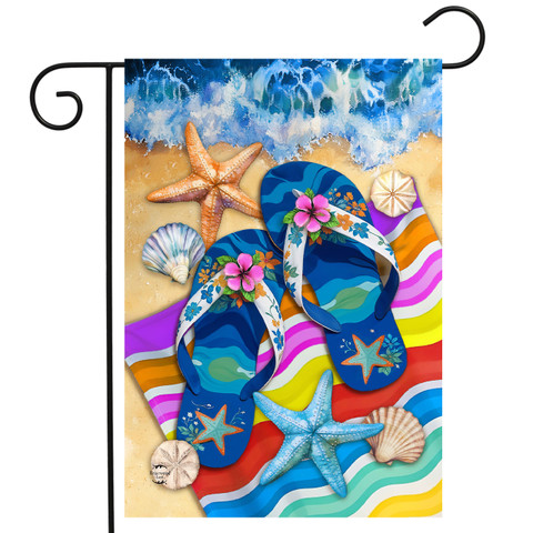 Flip Flop Haven Garden Flag with colorful beach scene and blue floral flip flops and seashells.