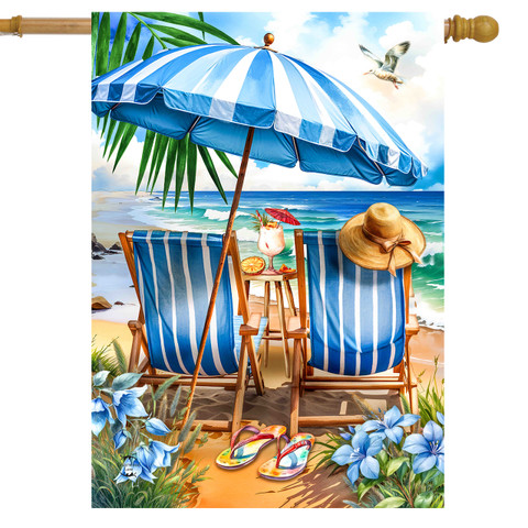 Beach Chairs House Flag with blue and white stripes, umbrella, and tropical beach scene design elements.