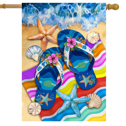 Flip Flop Haven House Flag with colorful beach design, blue flip flops, starfish, and seashells.