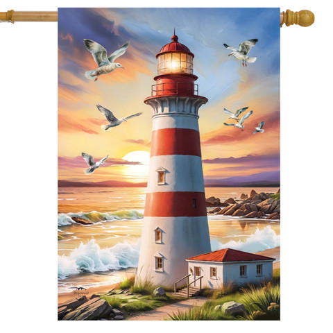 Lighthouse At Sunset House Flag with red and white stripes and seagulls flying around it.