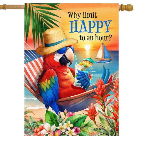 Happy Hour Parrott House Flag, colorful parrot in straw hat on tropical beach with floral details.