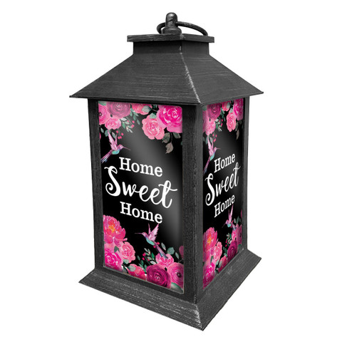 Home Sweet Home Hummingbirds Lantern, black metal lantern with pink roses and hummingbirds design.