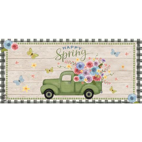 Green vintage pickup truck with colorful spring flowers, butterflies, on Happy Spring Pickup Truck Mini Mat.