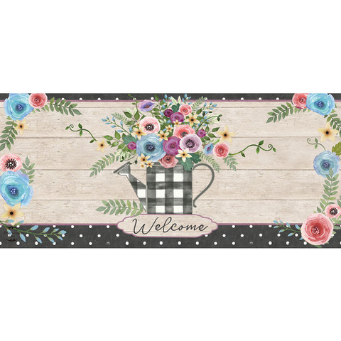 Buffalo Check Watering Can Mini Mat with colorful flowers and welcome text on rustic wood background.