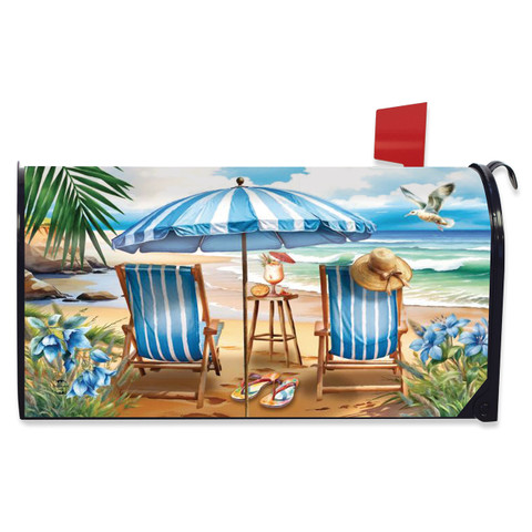 Beach Chairs Large Oversized Mailbox Cover with blue and white striped beach chairs and umbrella design.