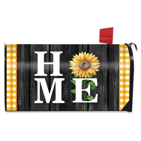 Sunflower Home Mailbox Cover, black wood grain with yellow gingham and white HOME text decoration.