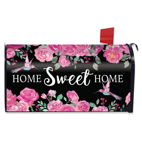 Home Sweet Home Hummingbirds Mailbox Cover with pink roses, hummingbirds on black background.