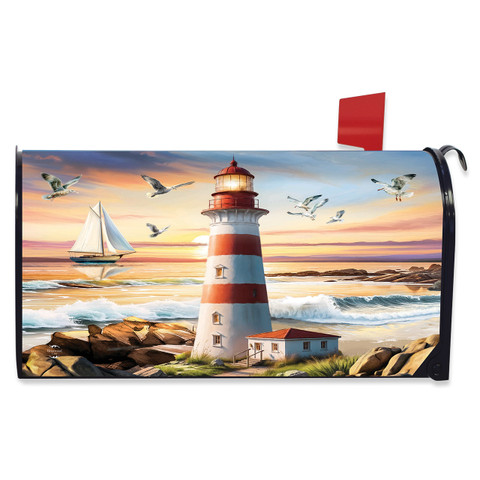 Lighthouse At Sunset Mailbox Cover with red and white lighthouse, sailboat, and seagulls at sunset.