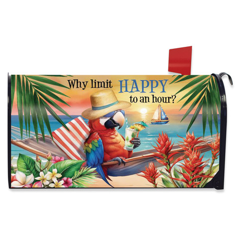 Happy Hour Parrott Mailbox Cover with colorful parrot, beach scene, and tropical flowers design.