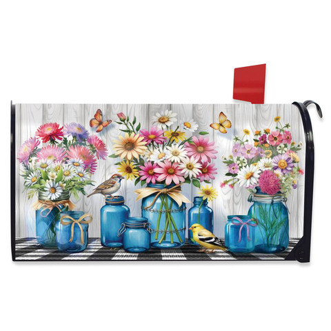 Blue Jar Bouquets Mailbox Cover with colorful flowers, blue jars, birds, and butterflies design.