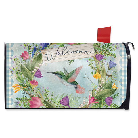 Hummingbird Wreath Mailbox Cover with floral design and Welcome sign on blue gingham background.