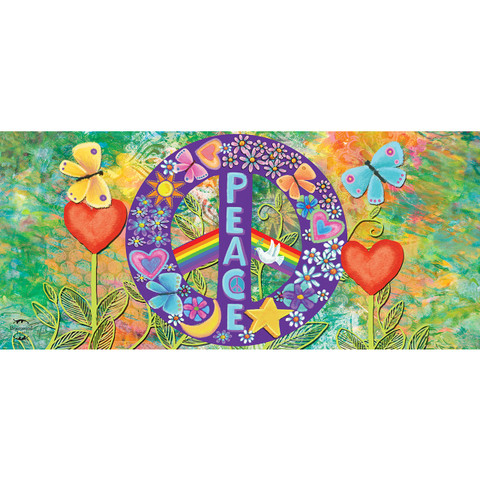 Peace Mini Mat with colorful peace sign, flowers, butterflies, and rainbow design on vibrant background.