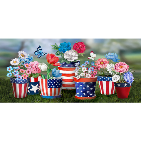 America in Bloom Summer Mini Mat with patriotic flower pots and colorful flowers on green grass.