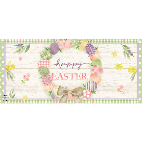 Easter Egg Wreath Mini Mat with happy Easter text and colorful eggs on white wood background.