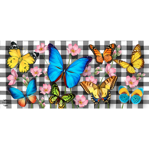 Colorful butterflies on checkered background with pink flowers, Checkered Butterflies Mini Mat, multi-colored, small.