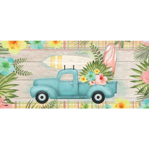 Teal tropical pickup truck mini mat with surfboard, flowers, and palm leaves on wooden background.