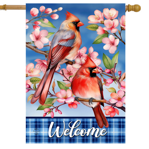 Cherry Blossom Cardinal House Flag with two cardinals and pink flowers on blue plaid background.