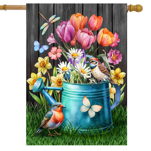 Garden Buddies House Flag with vibrant flowers, birds, and butterflies on a blue watering can.