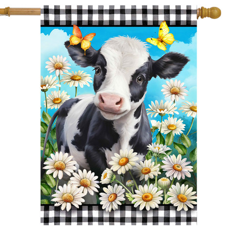 Black and white cow house flag with checkered border, surrounded by white daisies and butterflies.