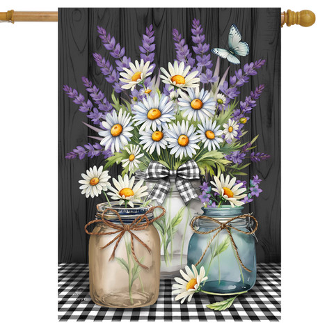 Lavender and daisies checkered house flag with mason jars and flowers on black and white background.