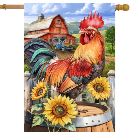 Farmyard Rooster House Flag with colorful rooster, sunflowers, and barn scene.