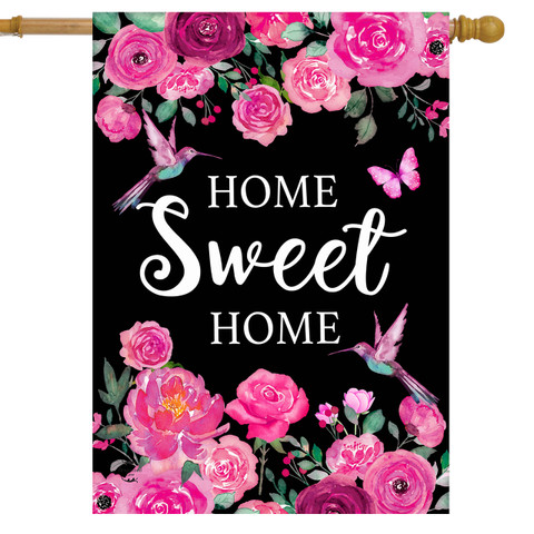 Home Sweet Home Hummingbirds House Flag with pink roses, hummingbirds, and butterflies on black background.