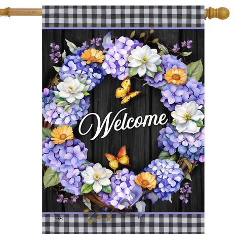 Hydrangea Wreath House Flag with purple flowers, butterflies, and welcome text on black background.