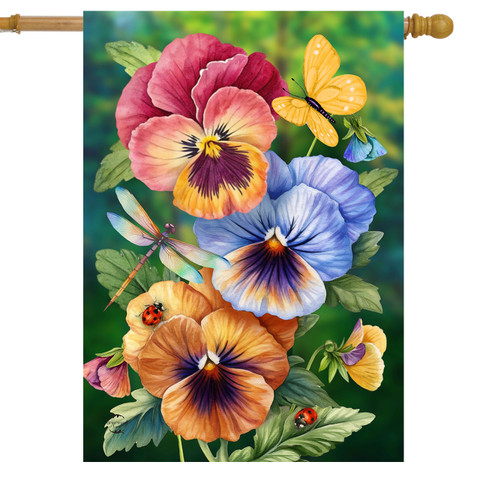Pansy Trio House Flag with colorful pansies, butterflies, dragonflies, and ladybugs on a green background.