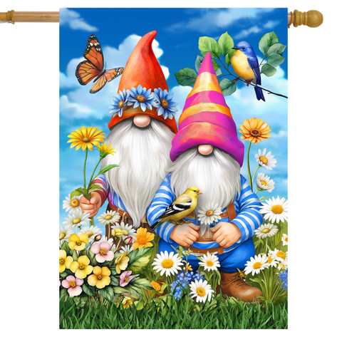 Gnomes in garden house flag with colorful gnomes, flowers, butterflies, and birds on a blue background.