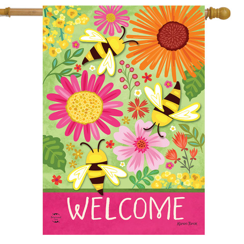 Buzzing Blooms House Flag with colorful flowers, bees, and welcome text on pink background.