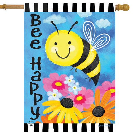 Bee Happy Bumblebee House Flag with smiling bee, colorful flowers on blue background with black stripes.