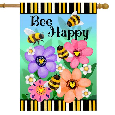 Busy Bees House Flag with colorful flowers and bees on a blue and green background.