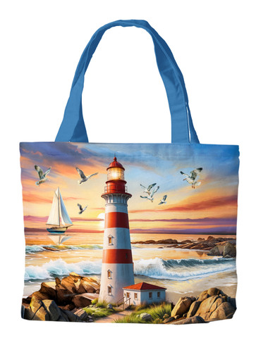 Lighthouse At Sunset Canvas Tote bag with red, white, and blue ocean scene design.