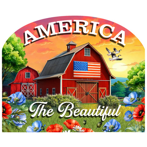 American Barn Acrylic Art Sign, red barn, American flag, colorful flowers, and sunset landscape design.