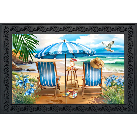 Beach Chairs Doormat with blue and white striped chairs, umbrella, and beach scenery design.