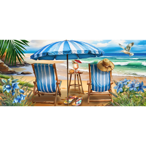 Two blue and white striped beach chairs under a matching umbrella on sandy beach setting outdoors.