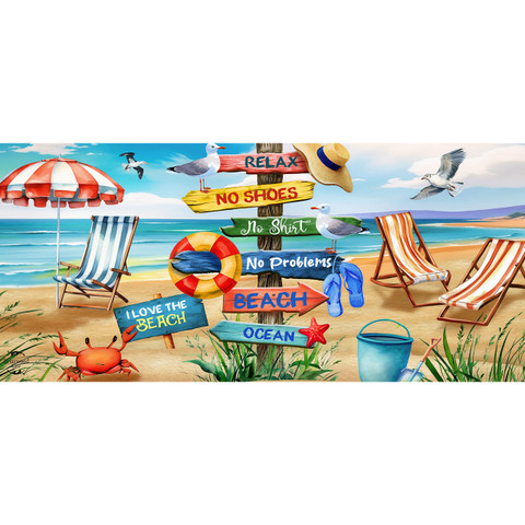 Beach Signs Mini Mat with colorful beach scene and directional signs on sandy shore setting.